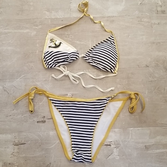 💕DIANE'S BEACHWEAR💕 Blue Striped Sailor Triangle Top String Bikini M/L NWOT - Picture 11 of 16